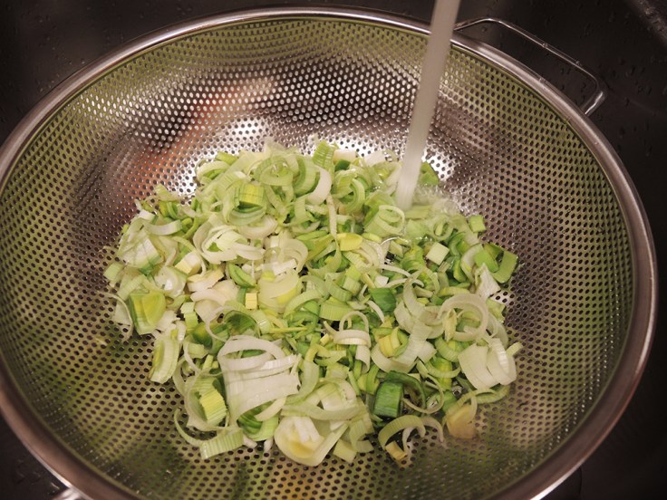 Washing Diced Leeks for Man Fuel's Potato Leek Soup