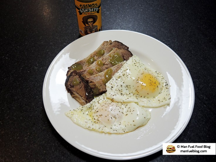 Man Fuel Food Blog - Gringo Bandito Hot Sauce Review - Green Salsa Over Brisket and Eggs