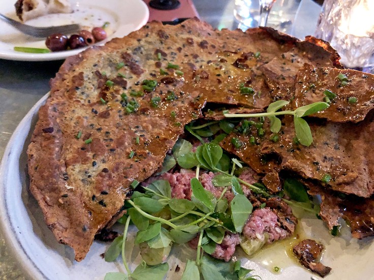 Home Is A Kitchen - Oberlin - Providence, RI - Beef Tartare, Cucamelons, Sorrel Mayo, Black Lime, Crunchy Duck Fat Crêpe